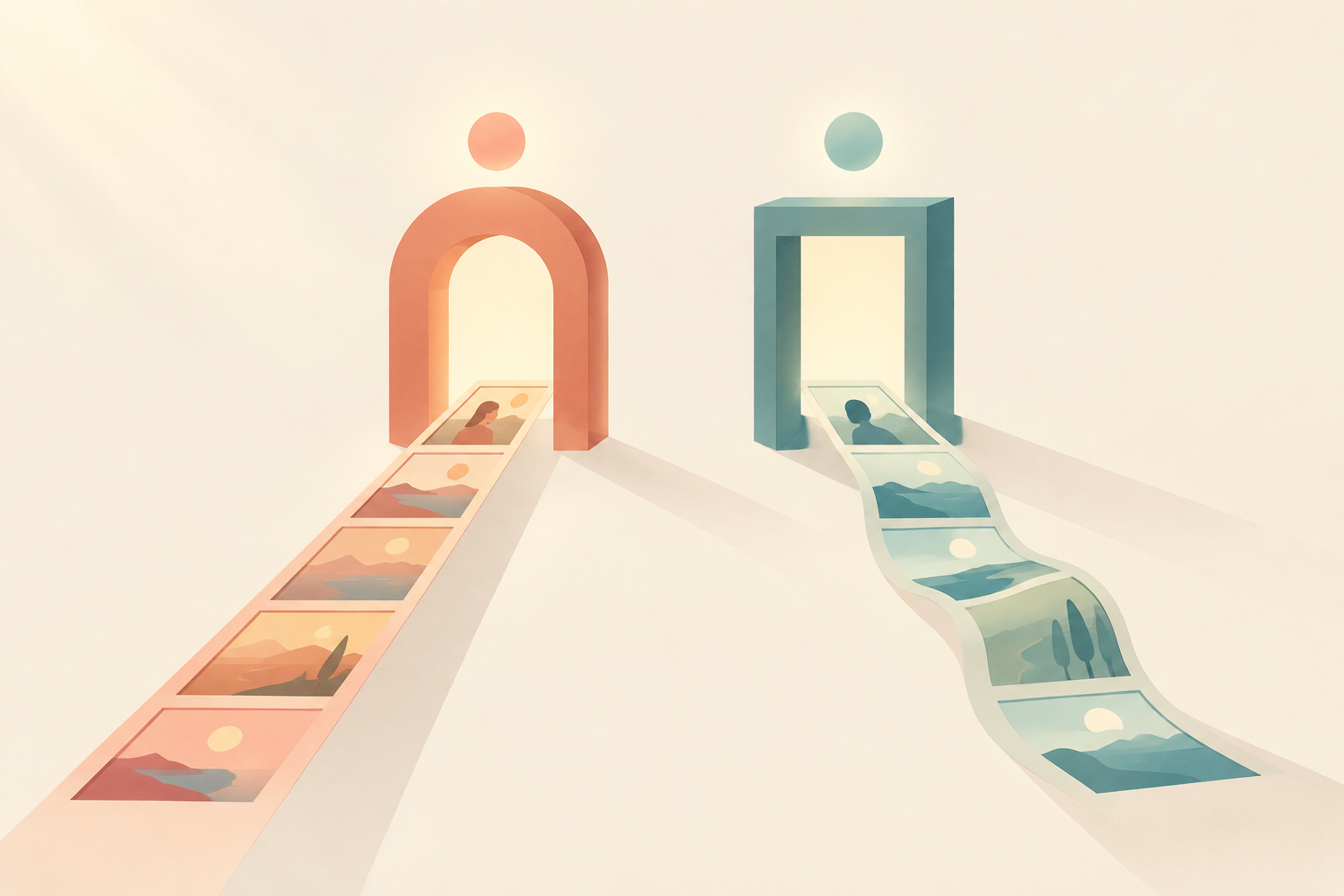 Two abstract doorways, coral and teal, with flowing motion ribbons and glowing start frames on cream background