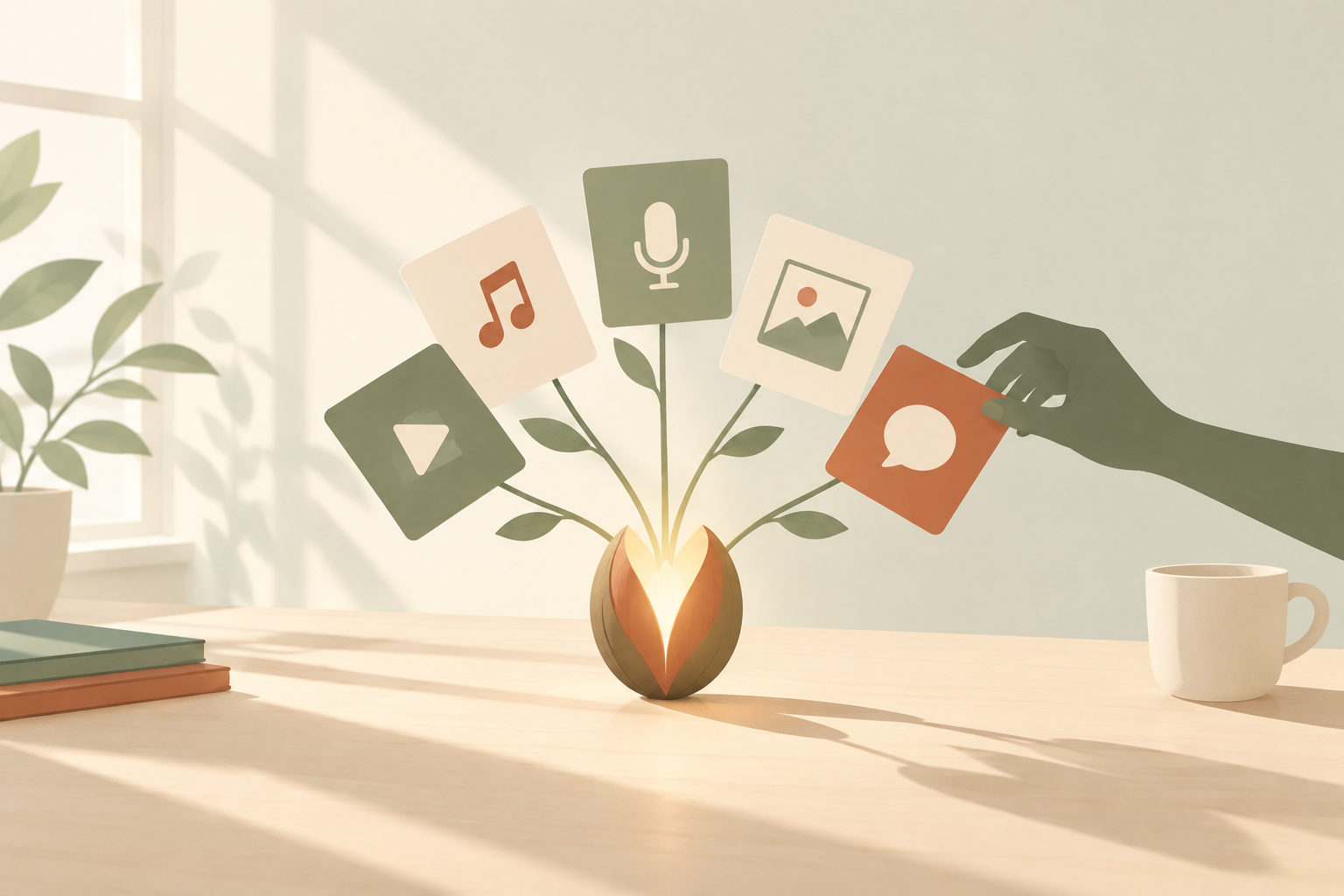 Glowing seed pod sprouting paper cards shaped like a play button, music note, microphone, and speech bubble