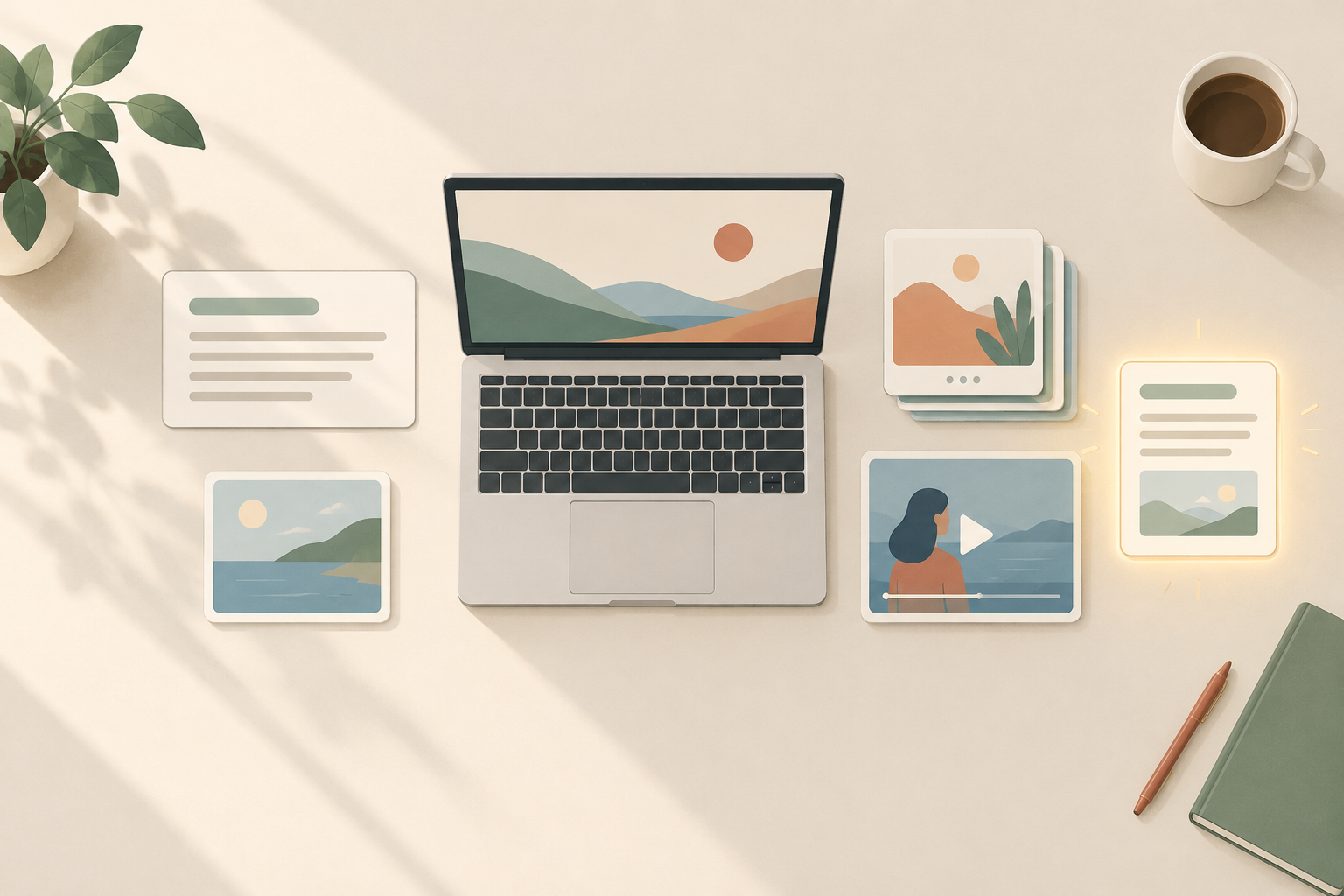 Overhead desk scene with a laptop and abstract cards for captions, images, carousels and video, one glowing